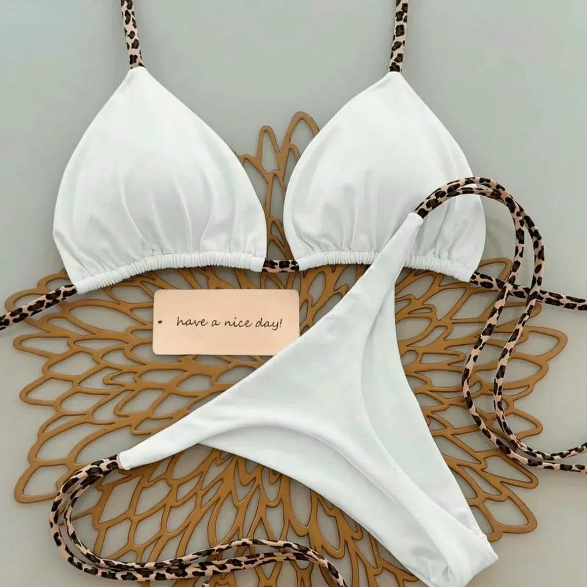 Costume da Bagno Bikini con Stampa Leopardata Push Up Ad Asciugatura Rapida in Due Pezzi Costumi per Le Vacanze al Mare Stile Perizoma Donna-Bianco 26530-s