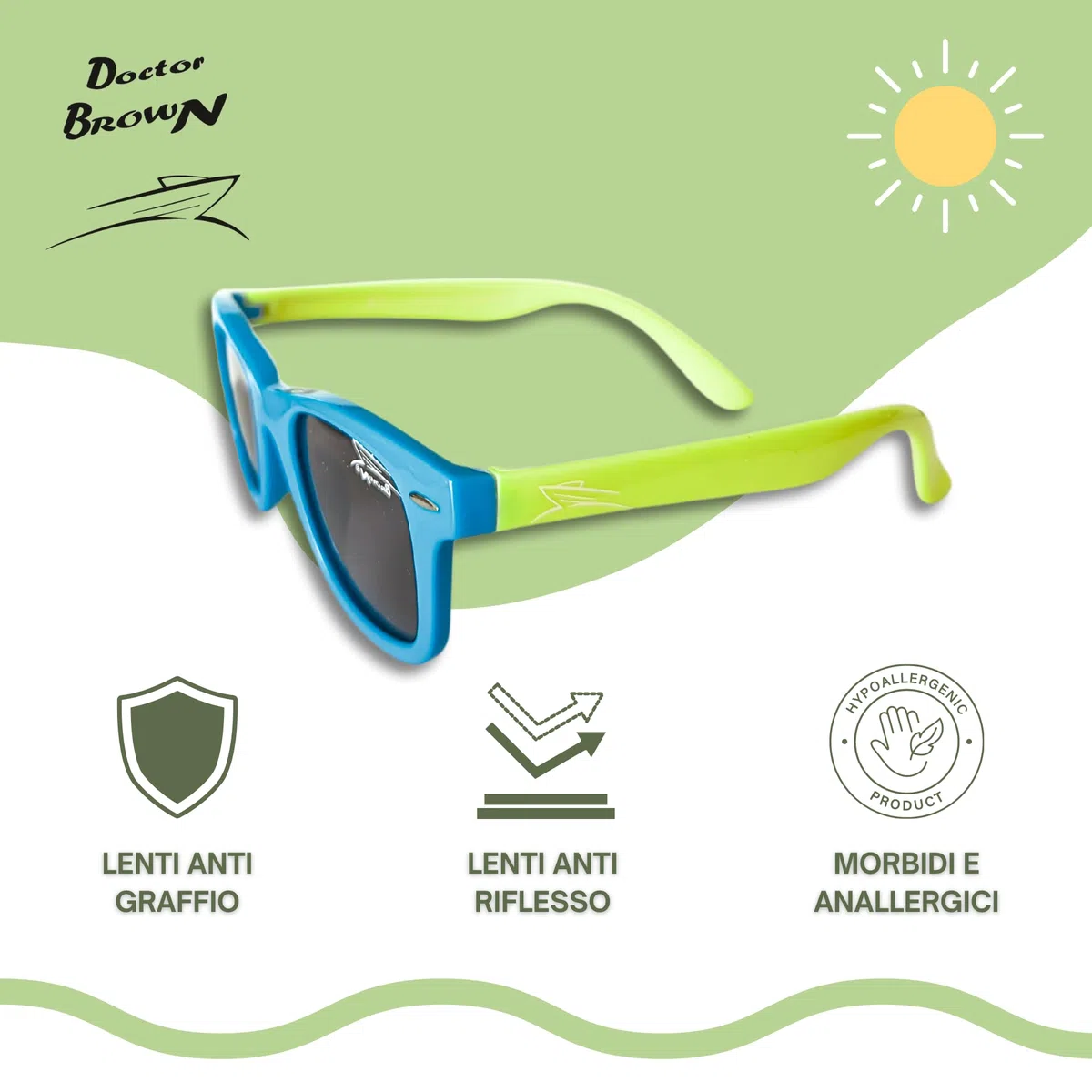 Doctor Brown - Occhiali da Sole per Bambini con Montatura Super Flessibile - Idea regalo adatta a Bambini e Bambine di 3/8 anni - Lenti con filtro scuro di categoria 3 (BLU/VERDE lenti GRIGIE)