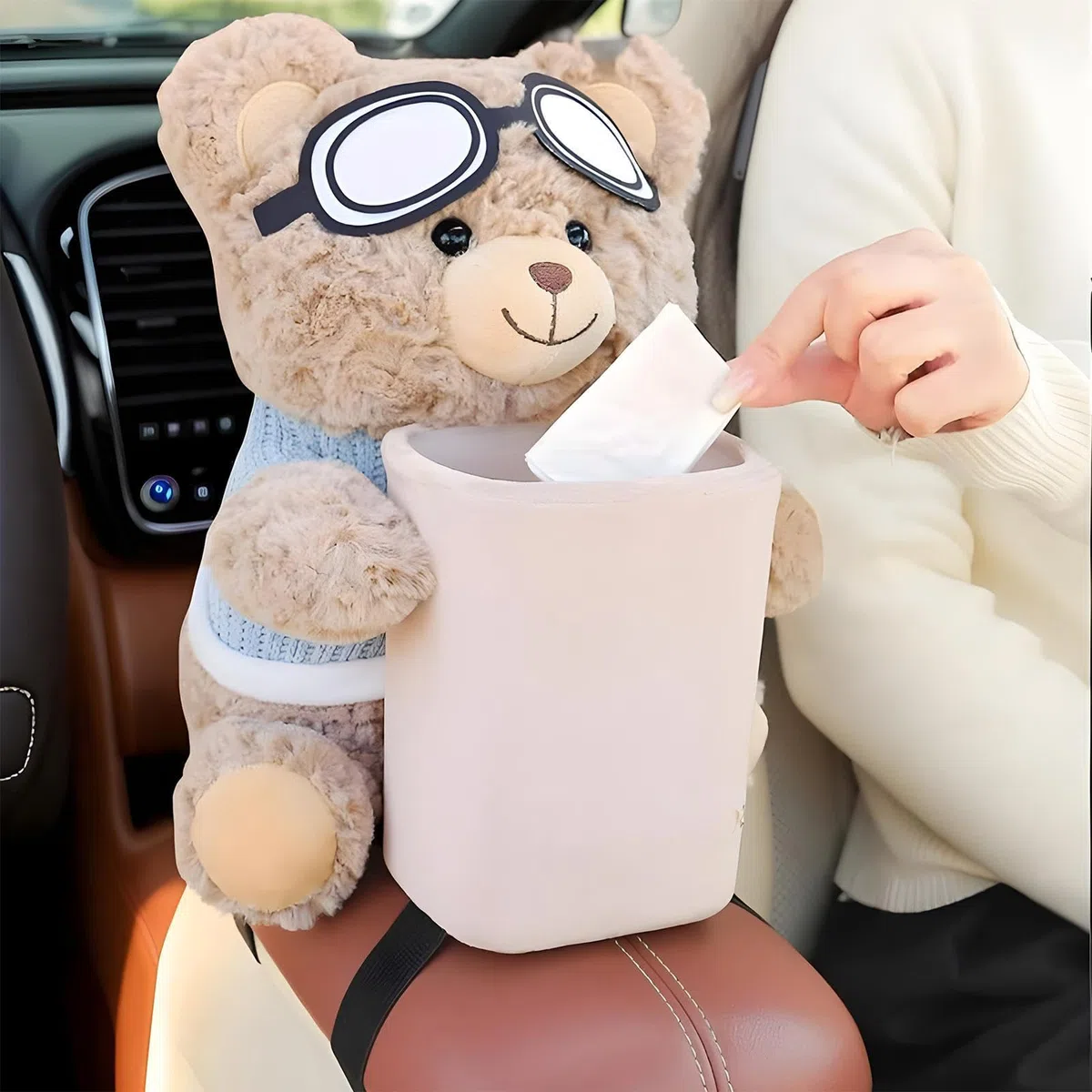Portafazzoletti per Auto | 2 in 1 Portarifiuti per Auto con Dispenser Fazzoletti - Contenitore Peluche Orso con Porta Salviette e Organizzatore con Cestino per Interni Auto, Furgoni