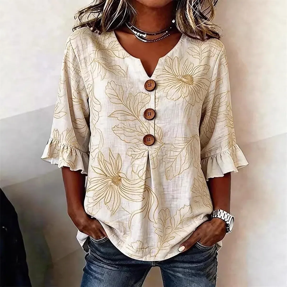Camicia Donna Lino Manica 3/4 Camicetta Estiva con Volanti Fiori Fantasia Elegante Curvy Blusa Scollo a V con Bottoni Casual Leggero Comode Maglietta Tops Moda Taglie Forti T Shirt Classico Maglia Tee