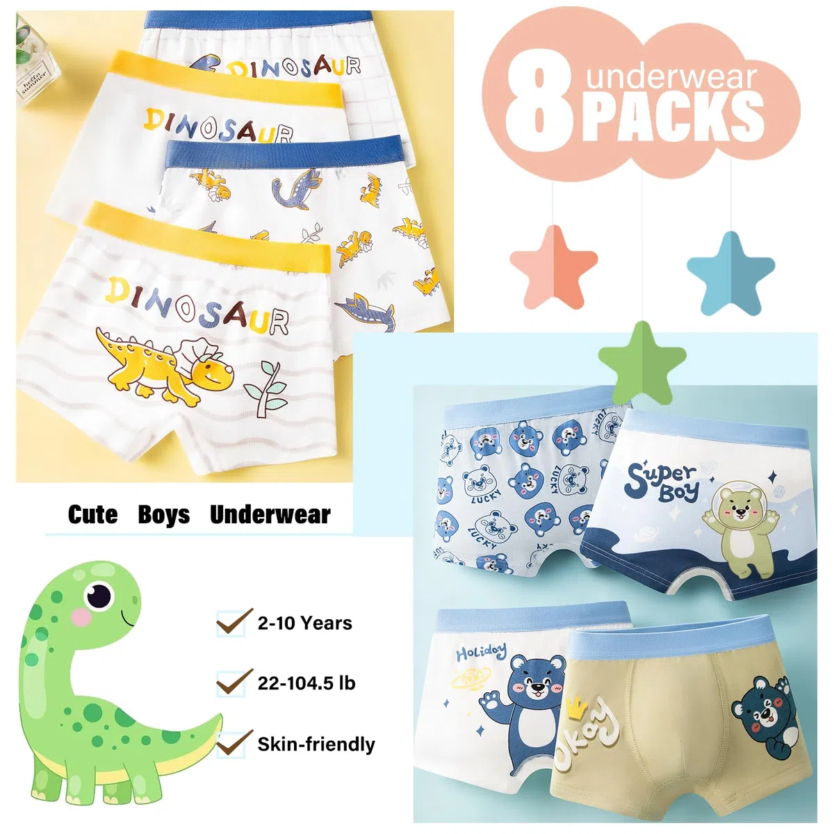 3-13 Anni Boxer Bambino Ragazzo Mutande Bambini 8 Pezzi Cotone Morbido e Traspirante Boxer per Bambino