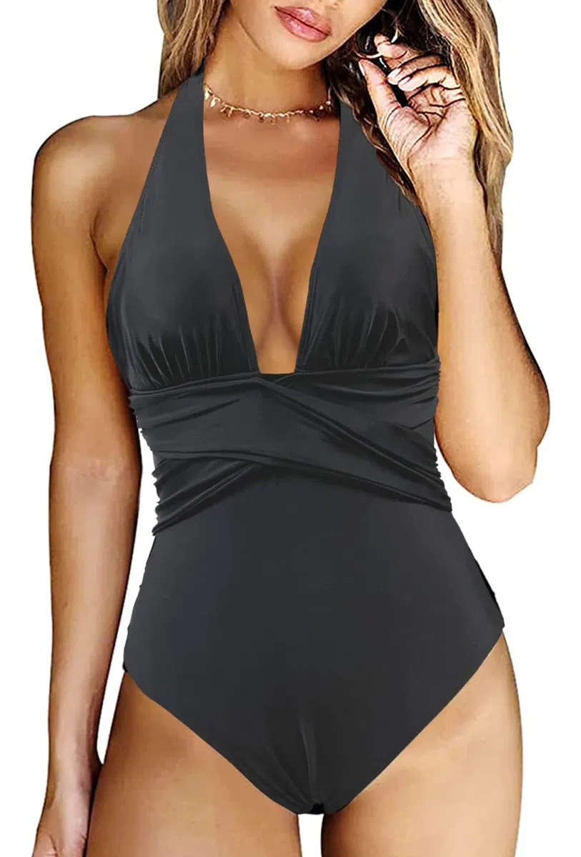 JFAN Costume da Bagno Intero Donna con Scollo a V Profondo Costumi Interi Mare Donna Controllo della Pancia Bikini Push Up Un Pezzo Beachwear