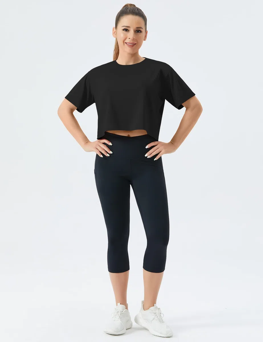 THE GYM PEOPLE Maglia Palestra Donna, Crop Top a Maniche Corte con vestibilità Ampia in Cotone - per Yoga, Fitness e Quotidiano