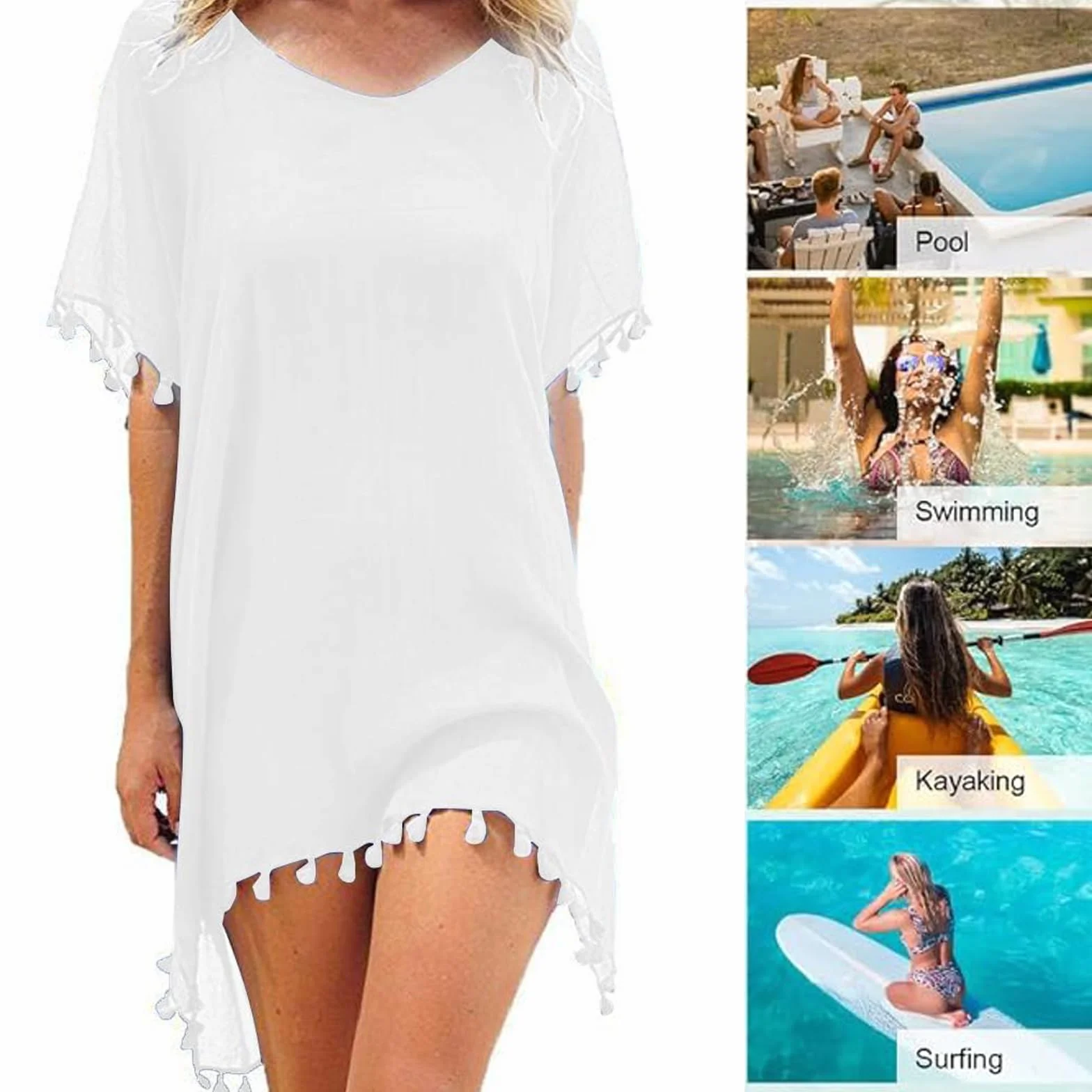 Copricostume da Bagno Donna Mare Scollo a V Abito da Spiaggia Chiffon Nappa Vestito Mare Copricostumi da Bagno Estivi Allentato Bikini Cover Up Costumi per Spiaggia Piscina