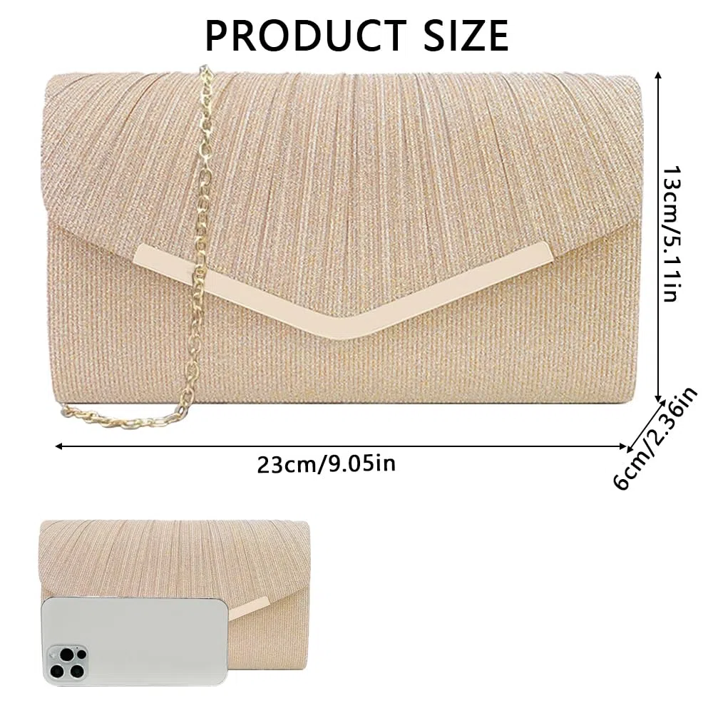 Pochette Donna Elegante Brillantinata Borsa da Sera Classica Moda Clutch con Catena Staccabile per Eventi Festa Matrimonio(Champagne)