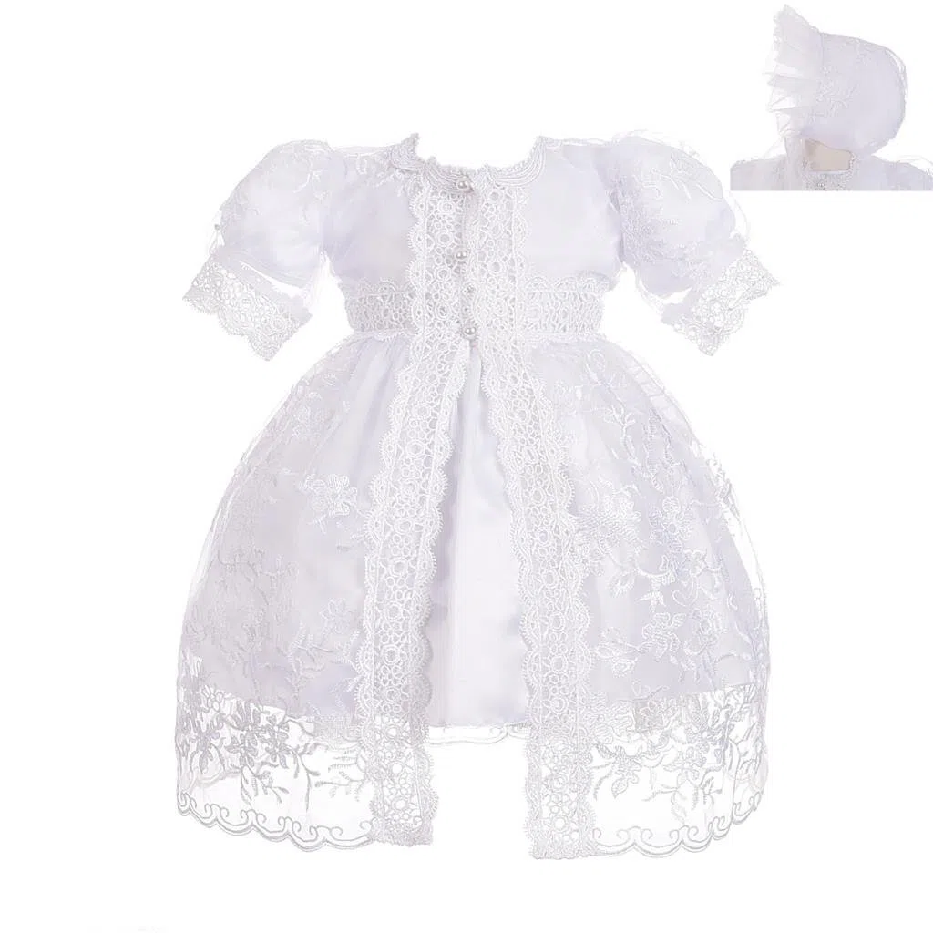Lito Angels - Abito da Battesimo con Pizzo e Strass, Vestito Bianco con Mantella e Cappello per Bimba