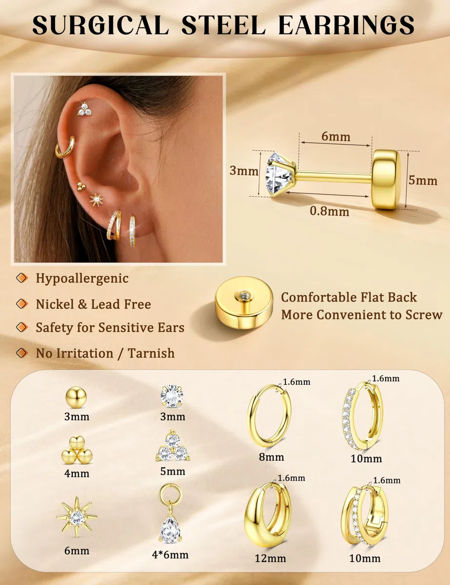 MILACOLATO 10 Paia Orecchini Donna Acciaio Chirurgico Oro Argento Set Orecchini Acciaio Inossidabile Cerchio Piccoli Cartilagine Orecchio Piercing Helix trago Ipoallergenico Multi Piercing Orecchio