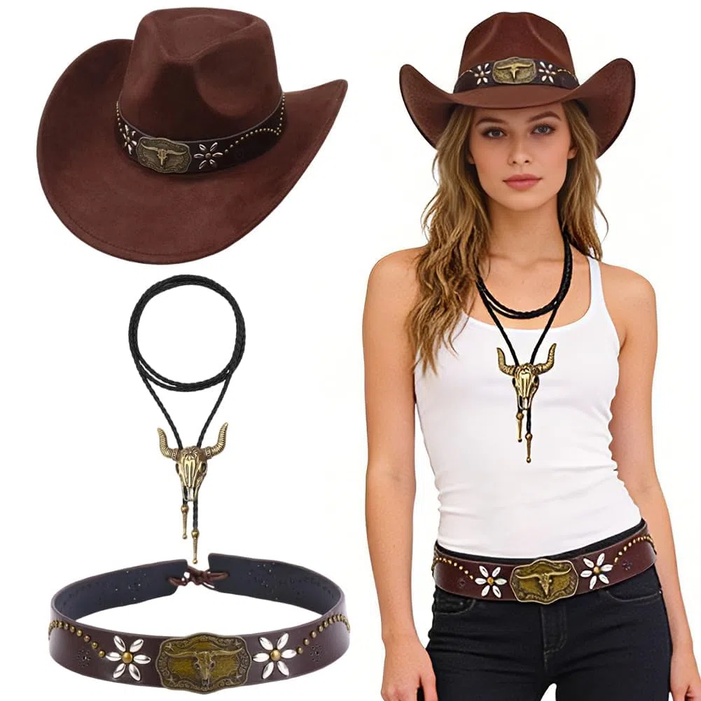 Set Completo Cappello da Cowboy con Collana e Fascia a Teschio di Toro per Costumi Adulti, Feste a Tema, Carnevale, Halloween