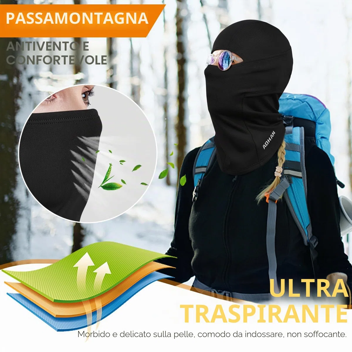 Yaniky - Passamontagna antivento, caldo, unisex, traspirante per bicicletta, moto, snowboard, sci
