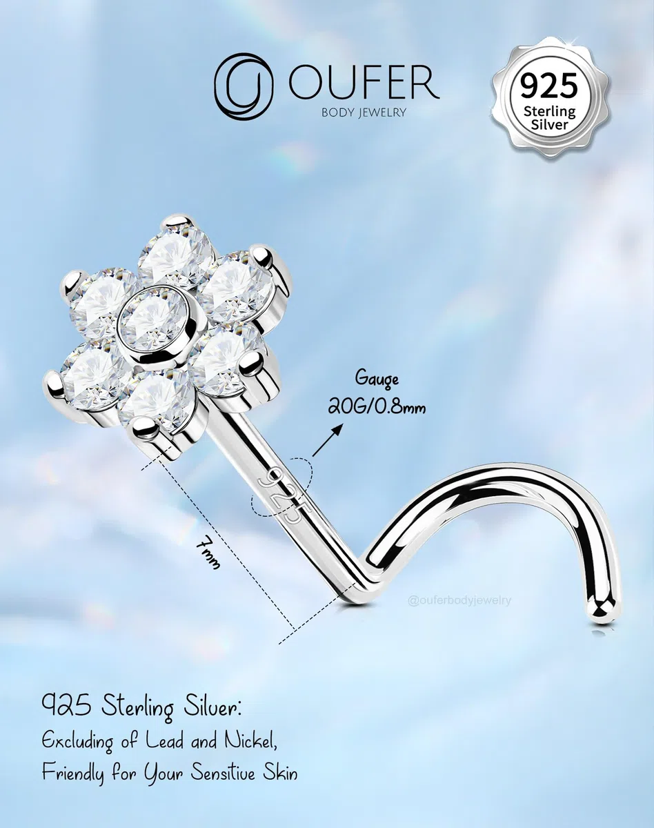 OUFER 20G Piercing Naso Donna Anellino Argento 925 S Fiore Piercing Naso Nostril Transparent CZ Nose Ring 7mm Gioielli Per Il Corpo Per Le Donne
