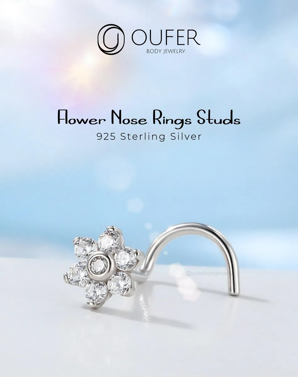 OUFER 20G Piercing Naso Donna Anellino Argento 925 S Fiore Piercing Naso Nostril Transparent CZ Nose Ring 7mm Gioielli Per Il Corpo Per Le Donne