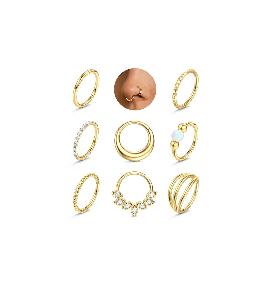 ADRAMATA 8Pcs Piercing Naso Acciaio Chirurgico Septum Piercing Labbro Anallergici Brillantino Orecchini Naso Cerchio Piccolo Conch Trago Piercings Helix Piercings Orecchio Oro Argento