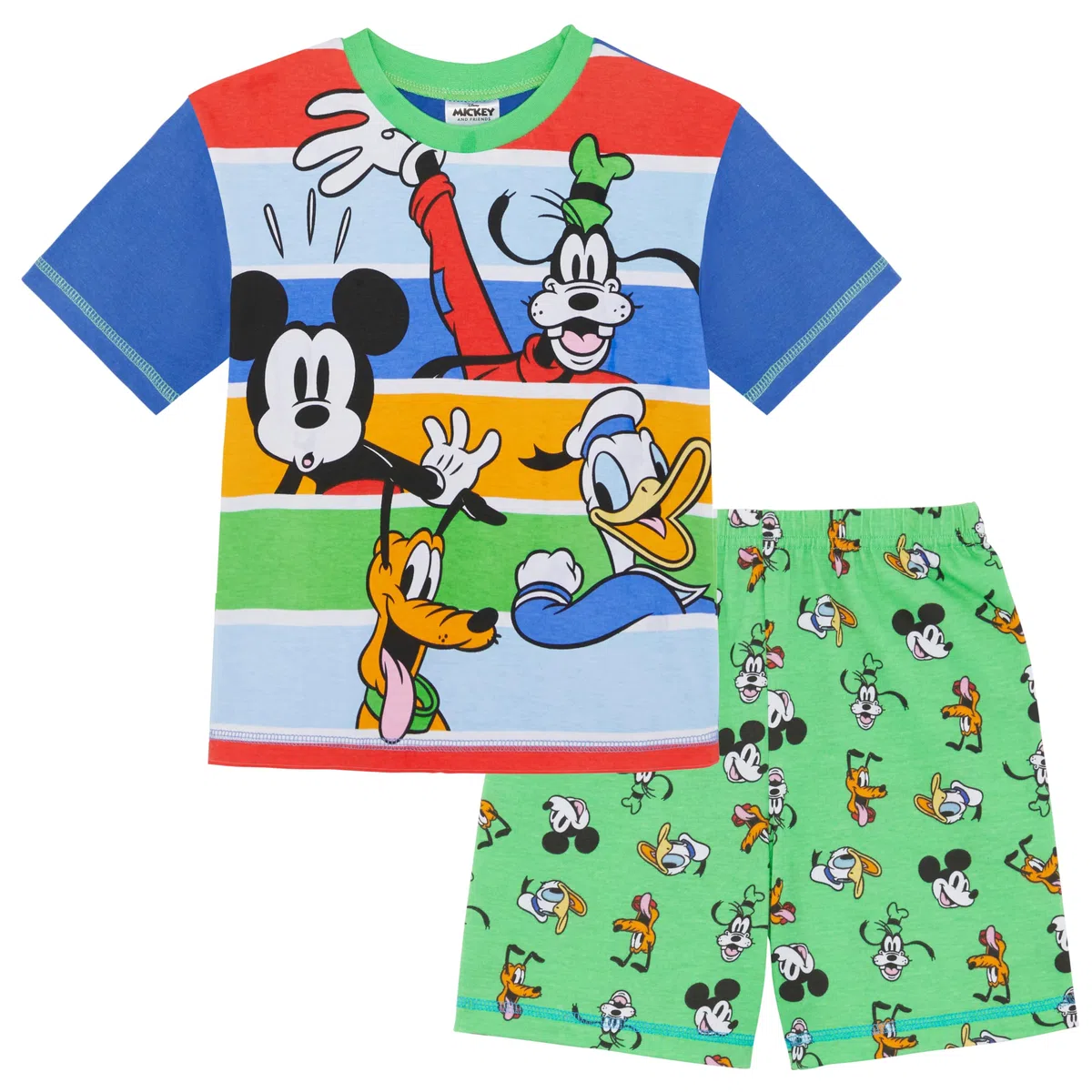 Disney Pigiama Corto a Righe Topolino, Paperino, Pippo, Plutone 100% Cotone