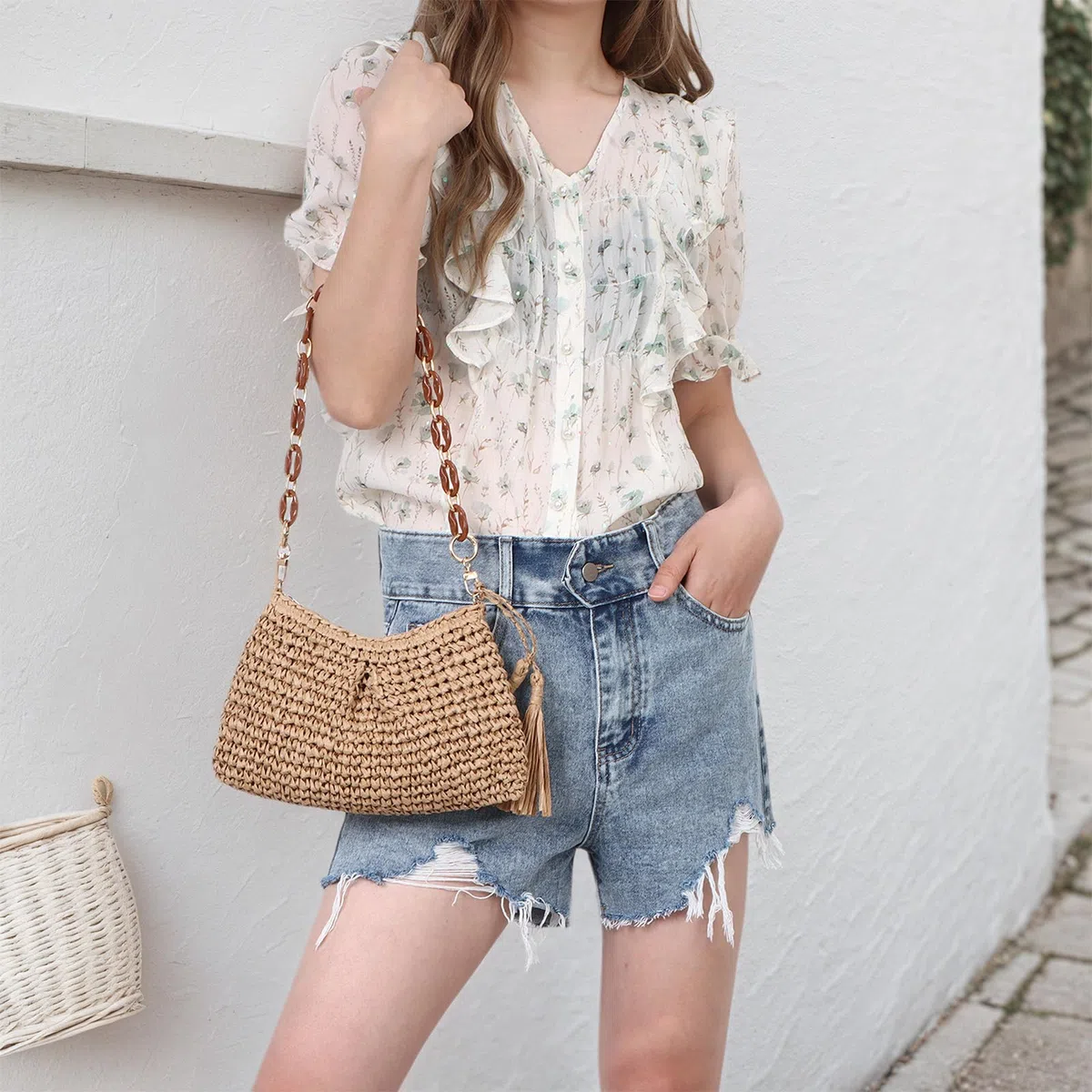 EVEOUT Borsa a Spalla Rafia Donna con Catena in Acrilico Estiva Leggero Bohémien Chic Borse Tote Ascellare Paglia Intrecciata per Spiaggia Vacanze
