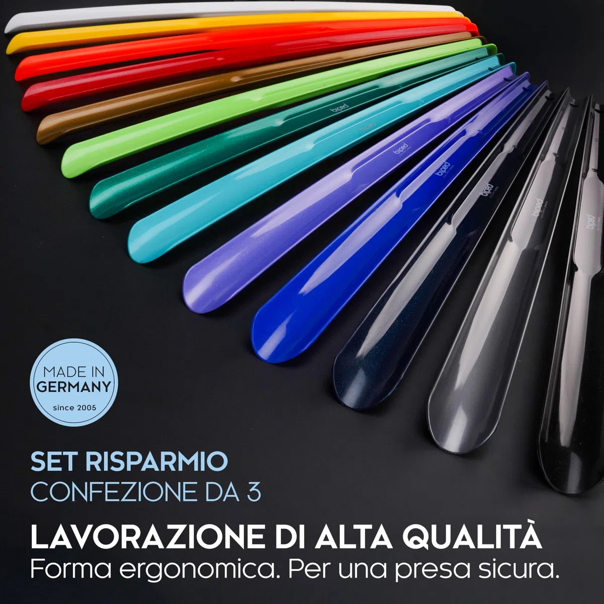 biped set da 3 calzascarpe lunghi 65 cm in plastica – calzascarpe extra lungo con gancio – resistente e stabile – produzione tedesca z1557