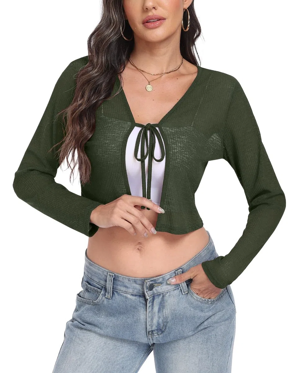 PrinStory Coprispalle per le donne casual leggero cravatta anteriore coprispalle manica lunga cardigan estivo morbido crop top