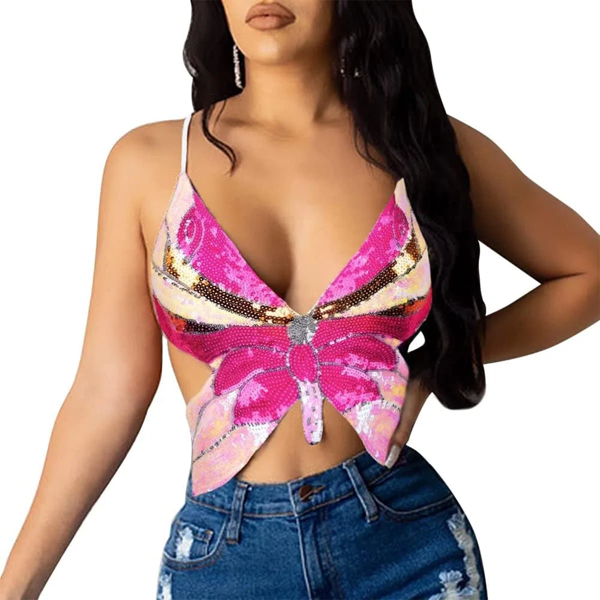 Top per le donne per le donne, canotta di bandage con sequenza di paillettes alla farfalla, costume da abbinamento senza marcia senza maniche per la danza della pancia, Dance latina, Club delle feste