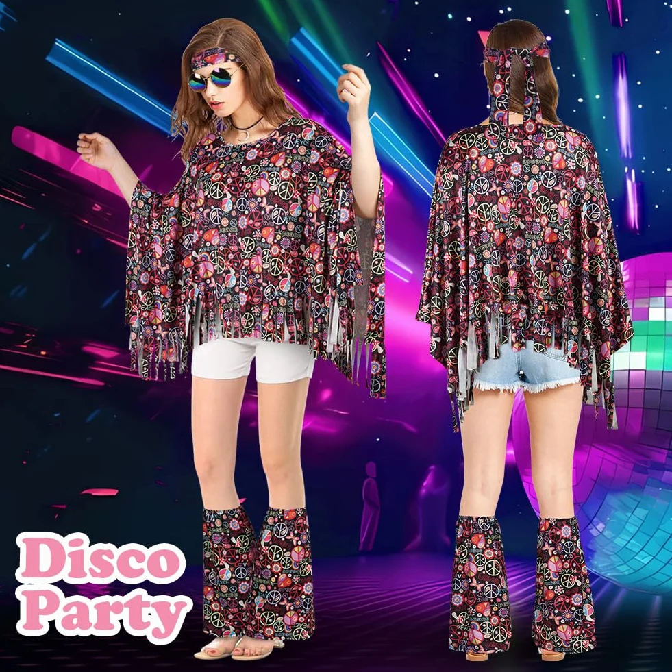 AOOWU Costume Hippie Donna, 10 Pezzi Stile Vintage Anni 60 Anni 70 Hippie Accessori, con Occhiali Fascia per Capelli Anni con Copristivali, Costume Carnevale Halloween