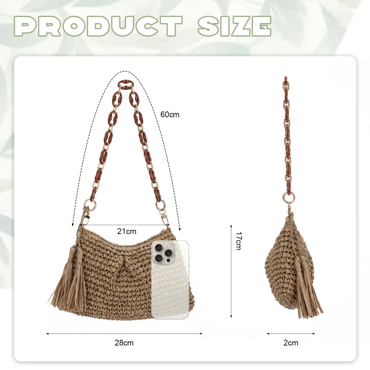EVEOUT Borsa a Spalla Rafia Donna con Catena in Acrilico Estiva Leggero Bohémien Chic Borse Tote Ascellare Paglia Intrecciata per Spiaggia Vacanze
