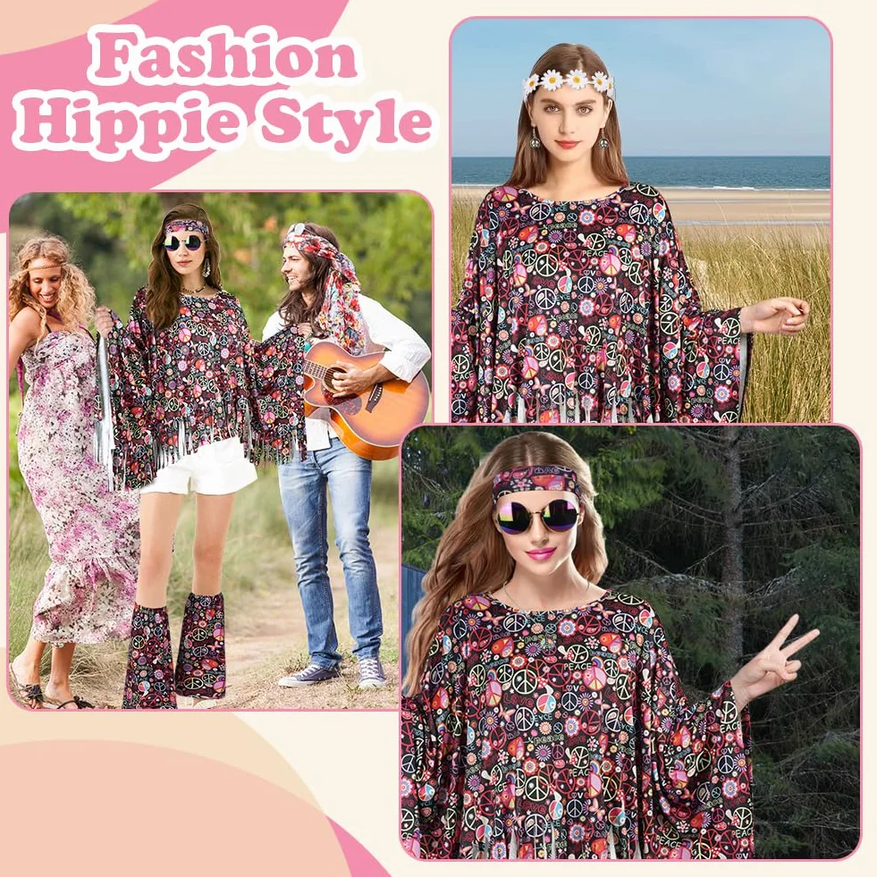 AOOWU Costume Hippie Donna, 10 Pezzi Stile Vintage Anni 60 Anni 70 Hippie Accessori, con Occhiali Fascia per Capelli Anni con Copristivali, Costume Carnevale Halloween