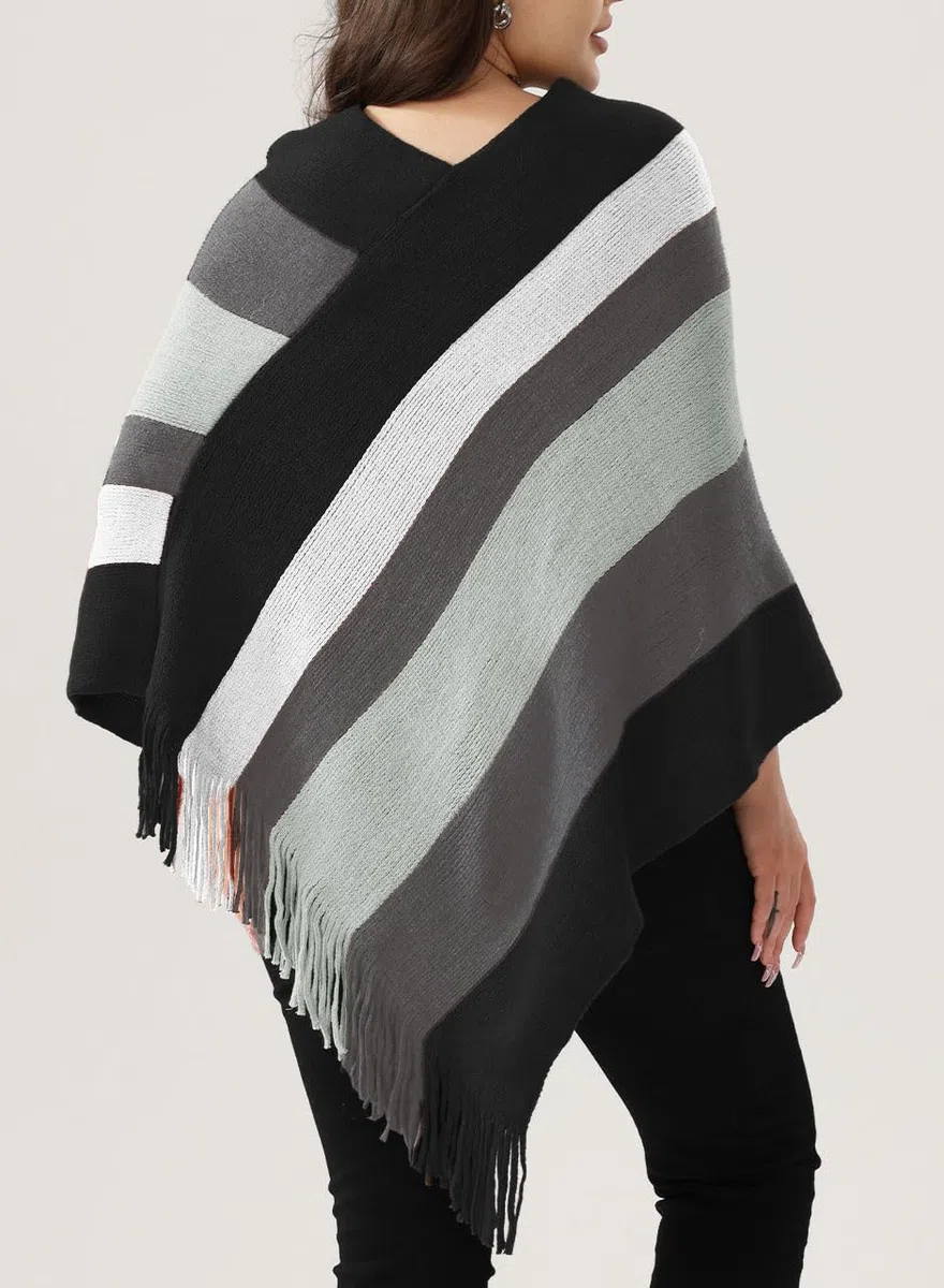 Rayson Poncho Donna Invernale Maglia Caldo Elegante con Frange Righe Scialle Mantella Donna Grande Cappotto Mantello senza Maniche