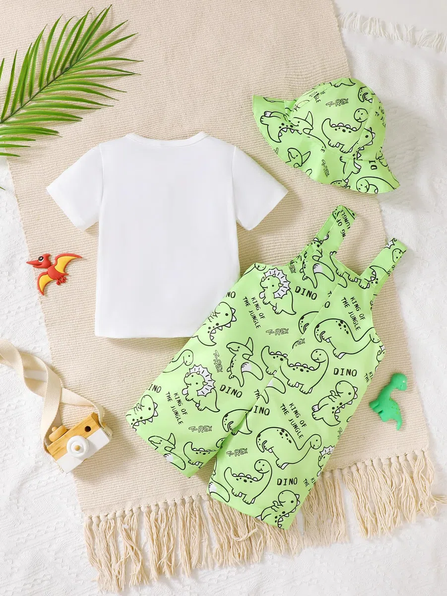 Vestiti Bambini Piccoli Maniche Corte Stampa di Orsi Auto e Dinosauri Top con Bretelle Pantaloni Abiti Estivi per Neonati