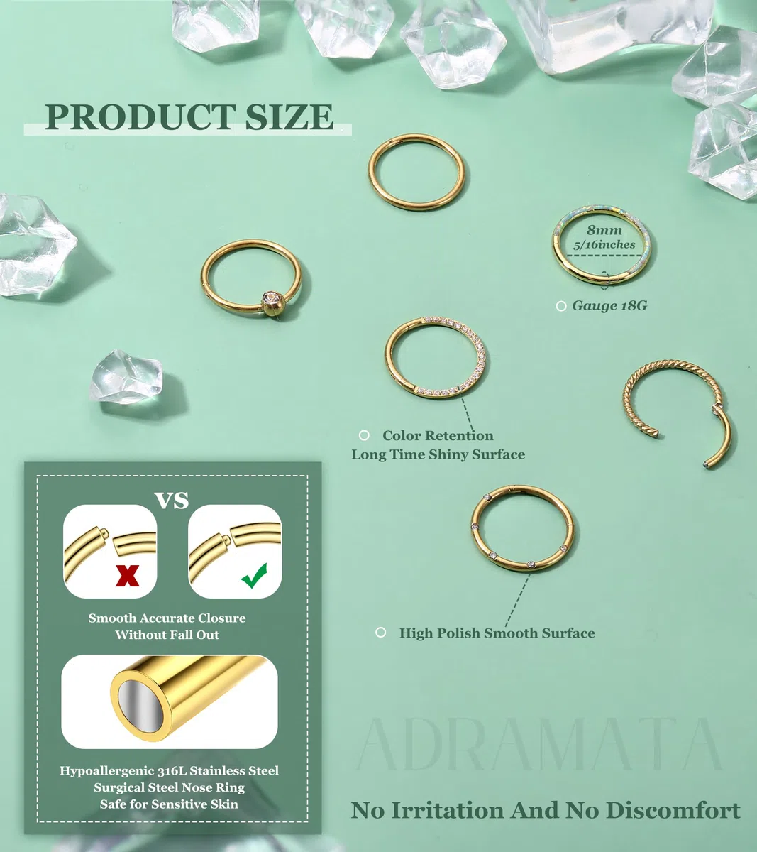 ADRAMATA 6 PCS 16G 18G Septum Piercing per Donna Uomo - Acciaio Chirurgico Naso Helix Daith Cartilagine Orecchini Labbra Anelli Nostril Set
