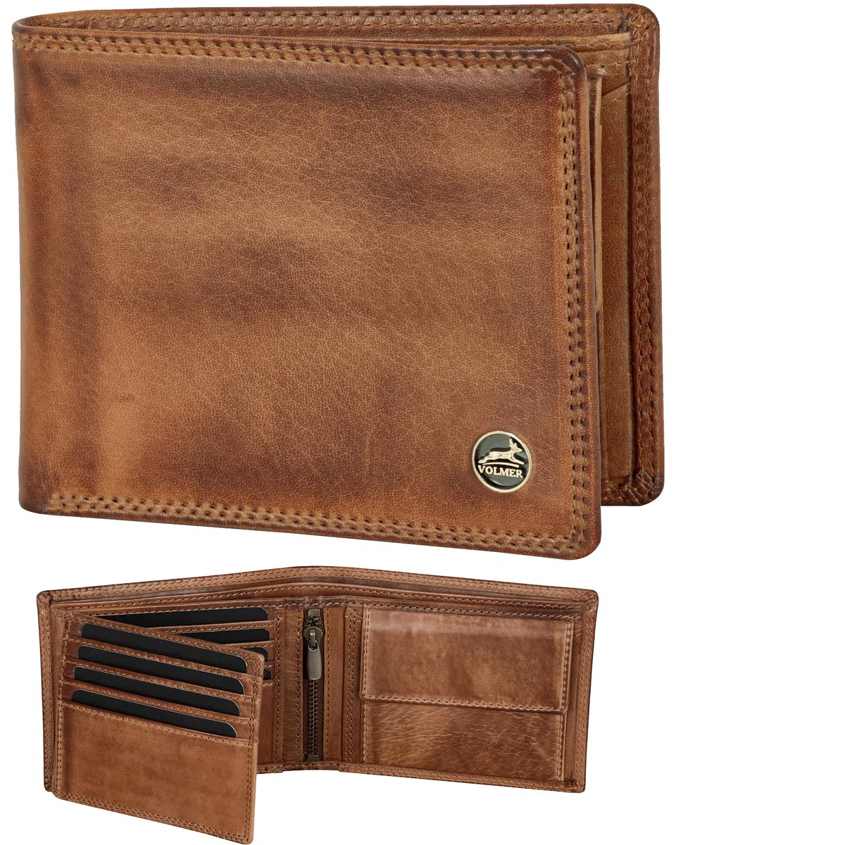 Fa.Volmer portafoglio in pelle da uomo con protezione RFID - doppia cucitura extra resistente, schlanke Brieftasche, Classico