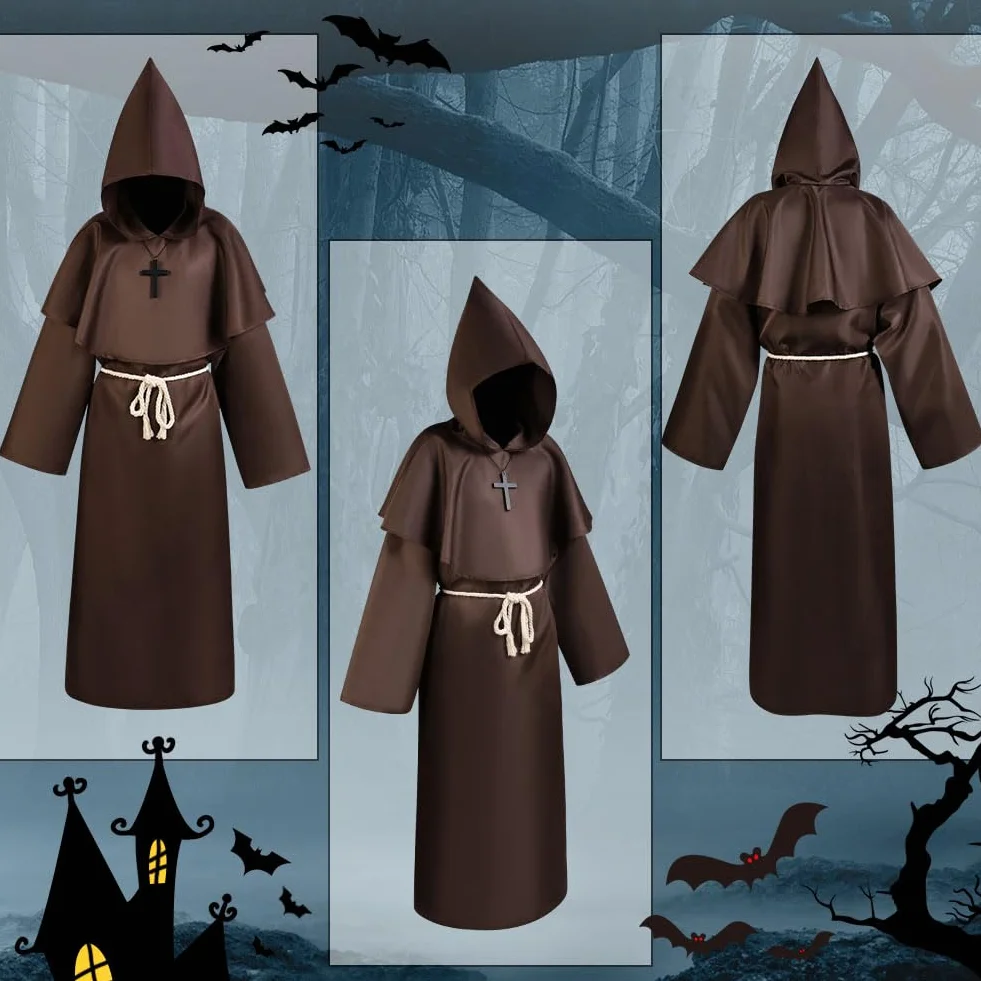 Aomig Costume da Monaco, Monaco Sacerdote Accappatoio Frate Medieval Rinascimentale, Cosplay Costume Robe Adulto Mantello, Abito da Mago Costume da Prete con Collana a Croce per Halloween Carnevale
