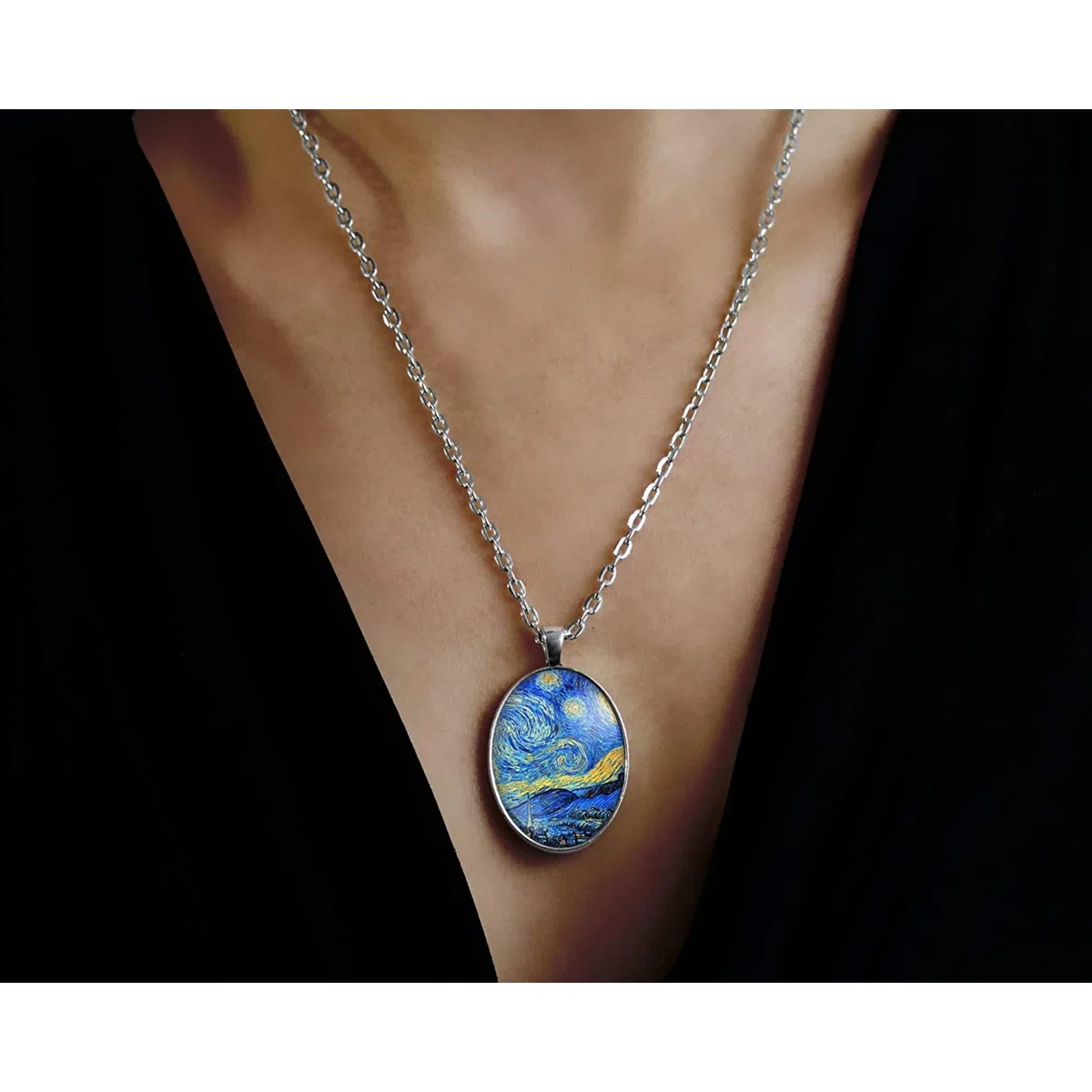 Collana con cabochon in vetro, collana illustrata in argento, set « Notte stellata », Van Gogh, pittura, pittore, blu, nero (ref.15a)