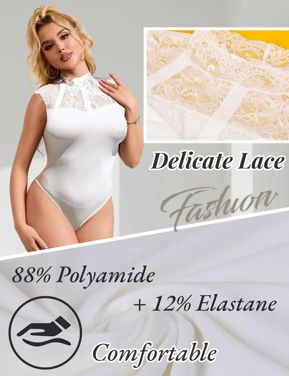 comeondear Body Donna Elegante Bodysuit Pizzo Intimo Estivo Top Senza Maniche Jumpsuits con Bottoni Lingerie Taglie Forti a Pressione Nero Bianco Teddy Tuta Sottogiacca Femminile