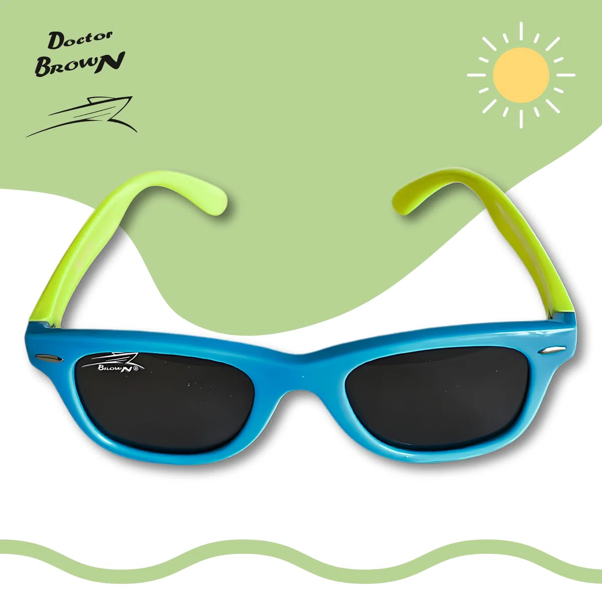 Doctor Brown - Occhiali da Sole per Bambini con Montatura Super Flessibile - Idea regalo adatta a Bambini e Bambine di 3/8 anni - Lenti con filtro scuro di categoria 3 (BLU/VERDE lenti GRIGIE)