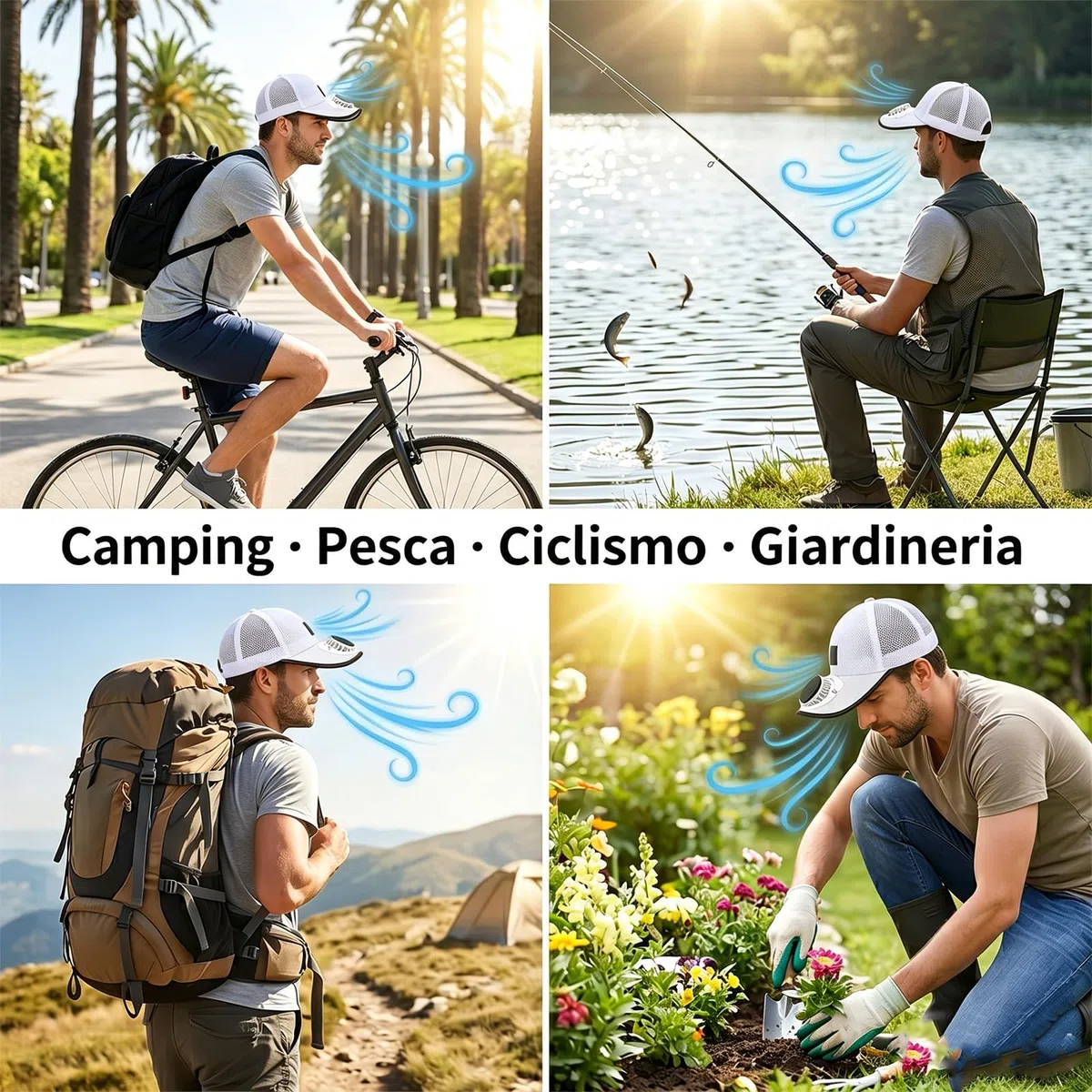 Cappello con Ventilatore Solare USB – Berretto da Baseball Leggero a 3 velocità, Doppia Ricarica, Regolabile per Uomo Donna, Ideale per Pesca Campeggio Lavoro all’Aperto
