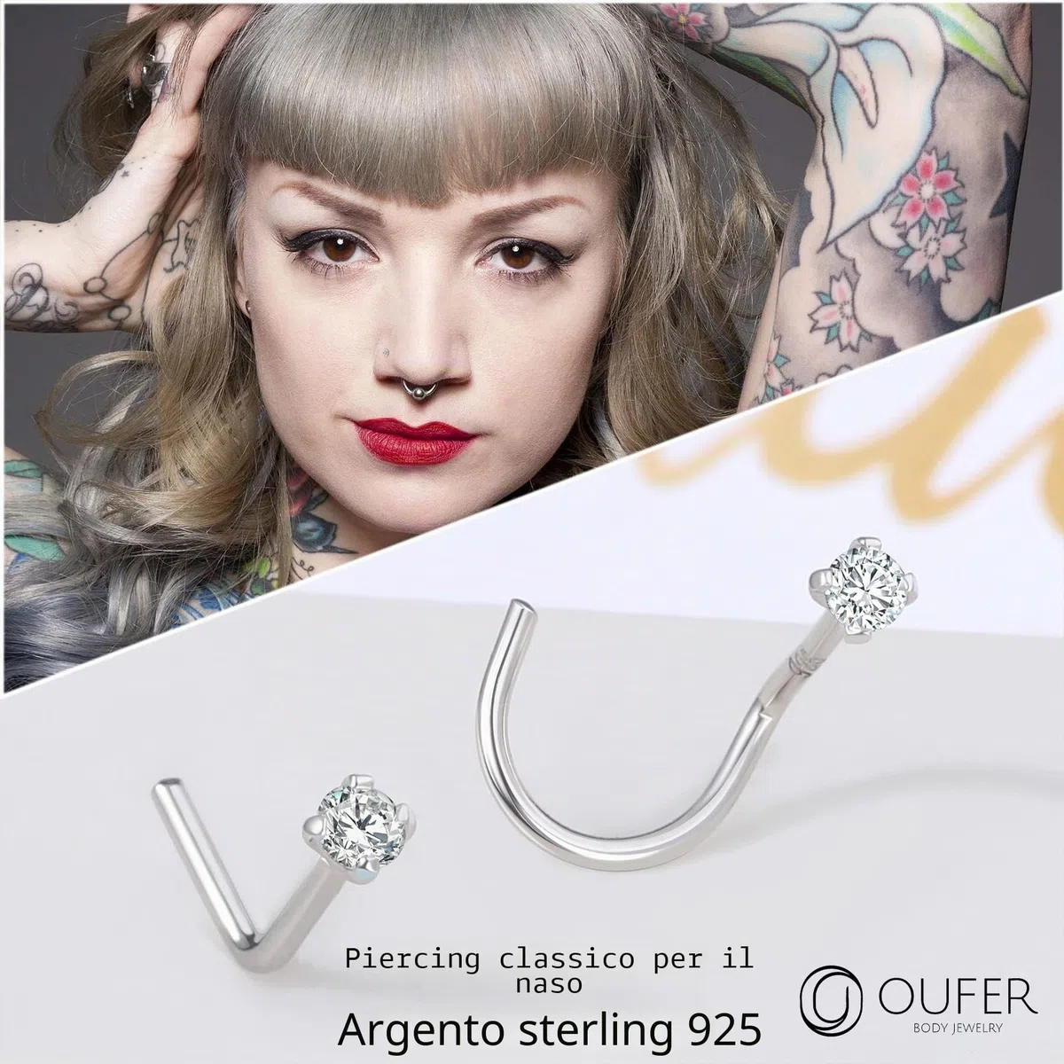 OUFER 20G 0.8mm Piercing Naso Anello Argento 925 Silver L Form Nose Ring Studs Nostril Earring Solid 2mm CZ Cartilagine Orecchino Helix Gioielli Donna