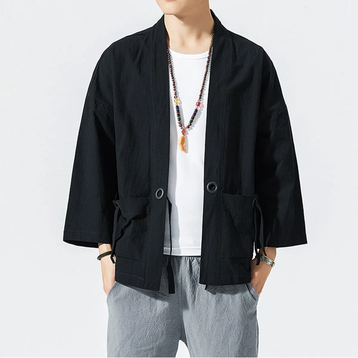 Generico Kimono cardigan giacca da uomo stile giapponese gru volante sette maniche cappotto aperto davanti