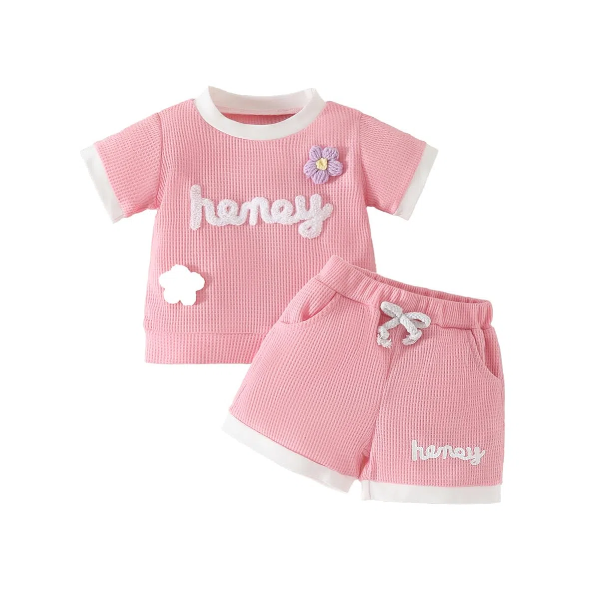 Vestiti Estivi per Bambina 3D Flower Maniche Corte Maglietta Top e Pantaloncini 2 Pezzi Set Cute Waffle Abiti per Bimba