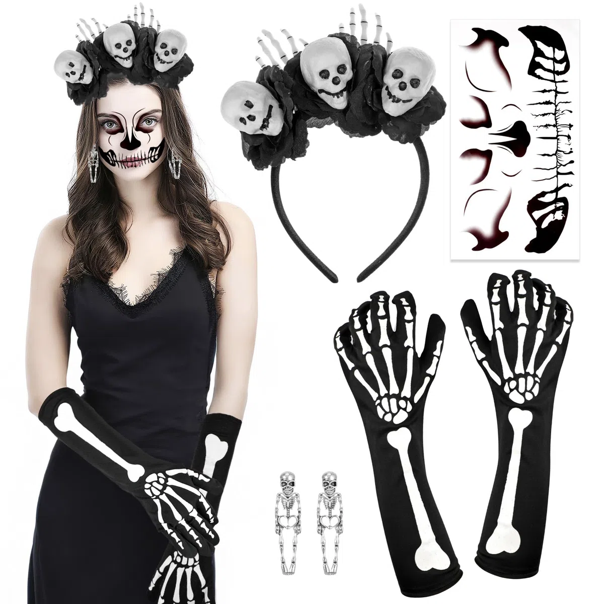 HOWAF Costumi Halloween Donna, Cerchietto Giorno dei Morti, Tatuaggi Viso, Guanti da Scheletro, Orecchini per Dia De Los Muertos