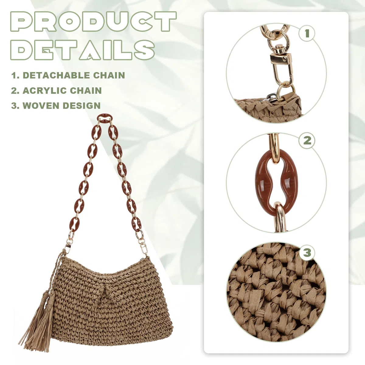 EVEOUT Borsa a Spalla Rafia Donna con Catena in Acrilico Estiva Leggero Bohémien Chic Borse Tote Ascellare Paglia Intrecciata per Spiaggia Vacanze