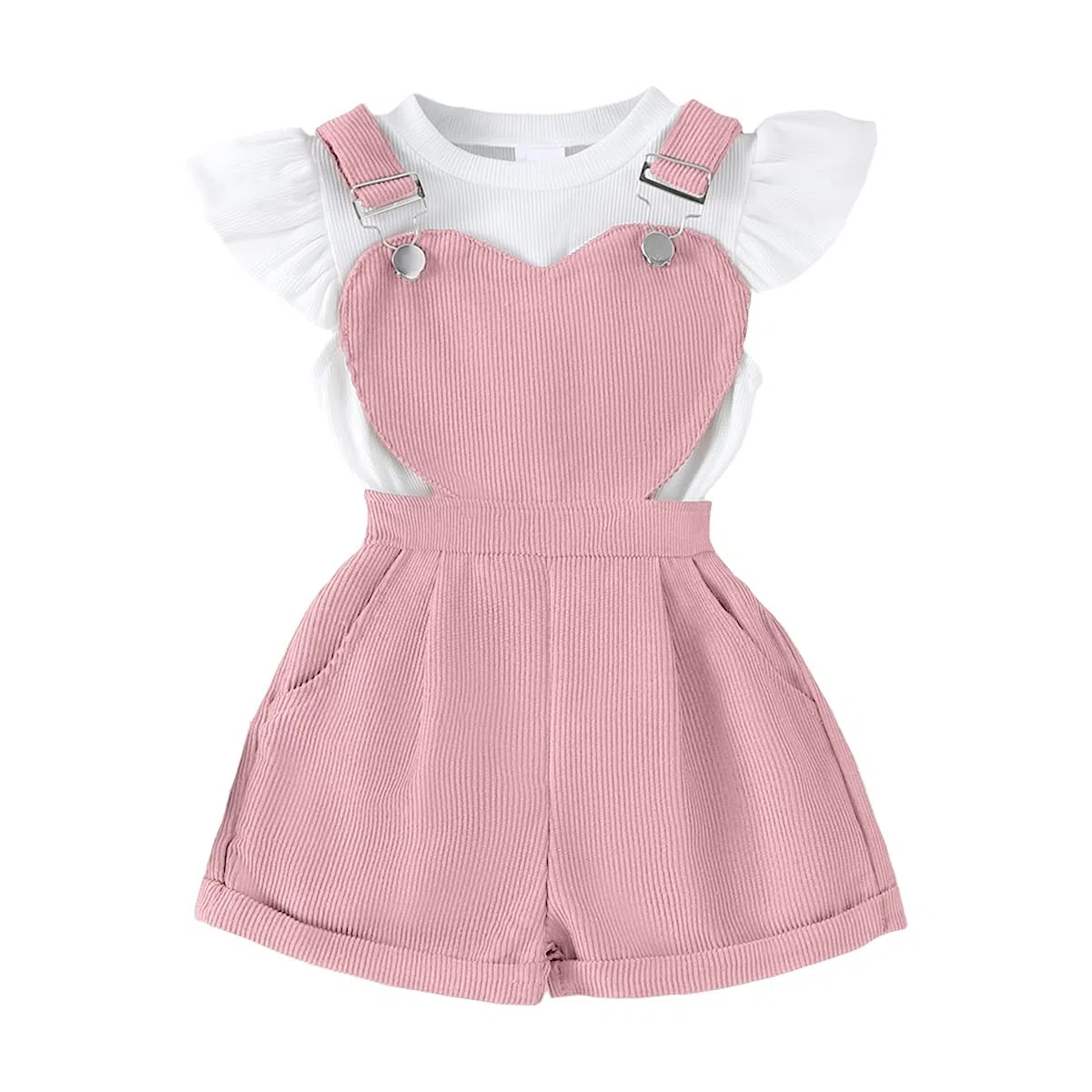 Set di Vestiti Bambine Top con Scollo Tondo Maniche Lunghe Tinta Unita a Forma di Cuore Pantaloncini con Bretelle