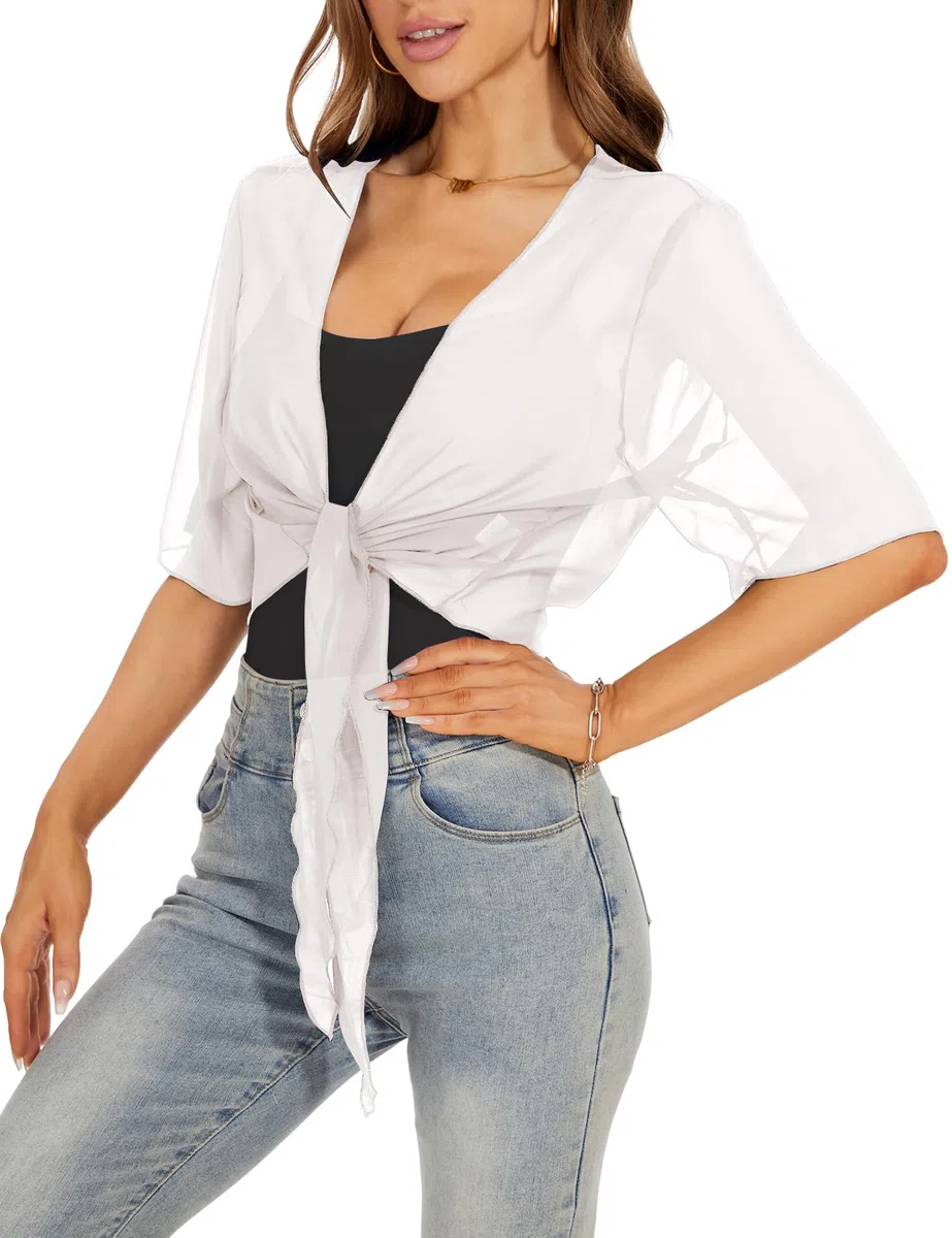 HANERDUN Coprispalle Donna Elegante Cerimonia Bolero Cardigan Chiffon Maniche Corte Giacca Corta Shrug con Chiusura a Cravatta Estivo Primavera Autunno