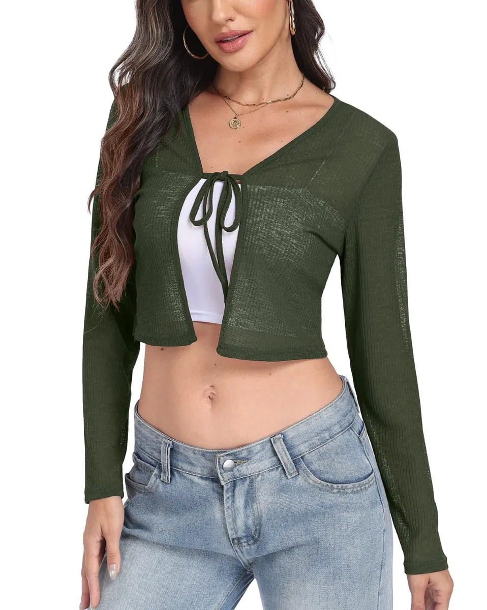 PrinStory Coprispalle per le donne casual leggero cravatta anteriore coprispalle manica lunga cardigan estivo morbido crop top