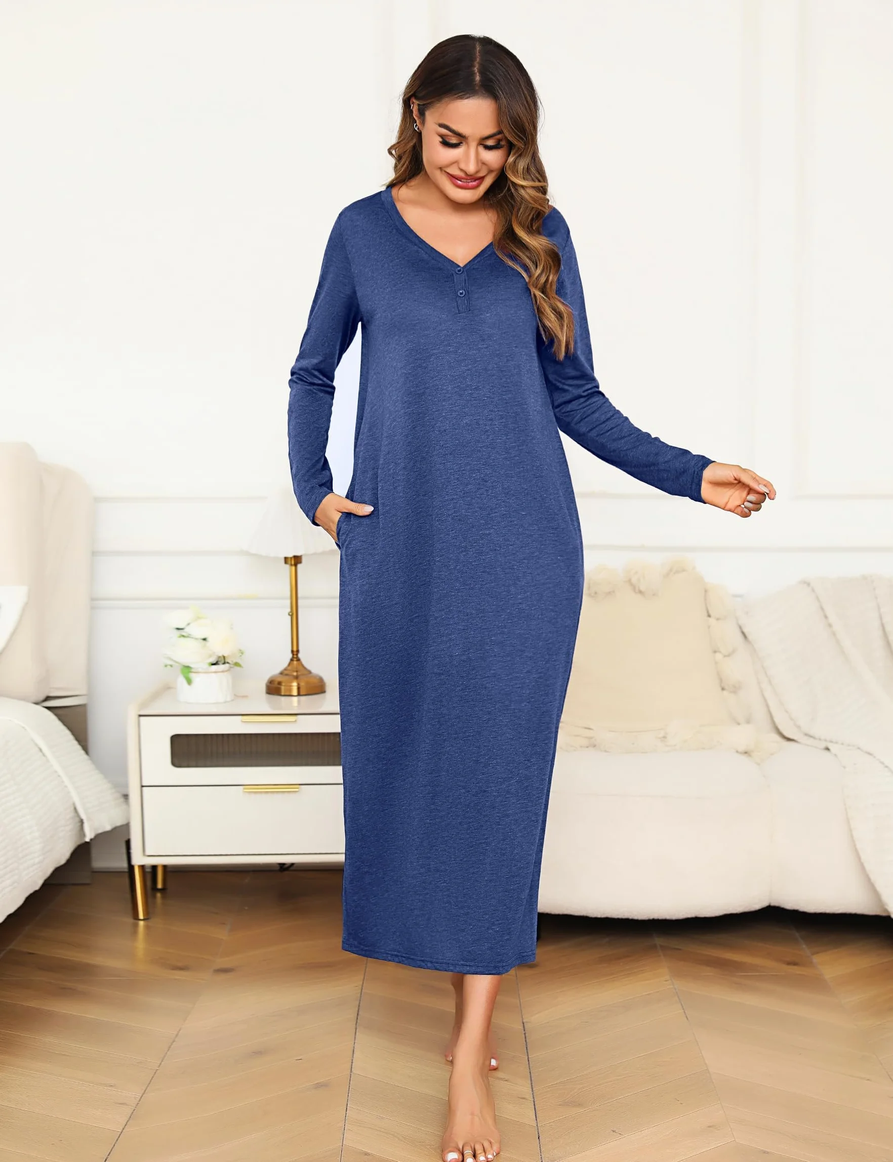 Camicia da Notte Donna Manica Lunga Camice da Notte Cotone Vestito da Notte Invernale con Tasche Pigiama Tinta Unita S-XXL