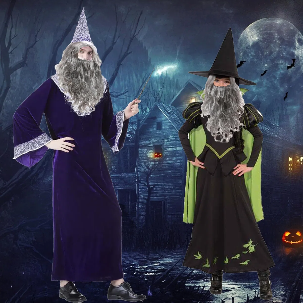 Parrucca da stregone grigia e barba lunga per Halloween e Carnaval parrucca maga grigio scuro set barba maghi