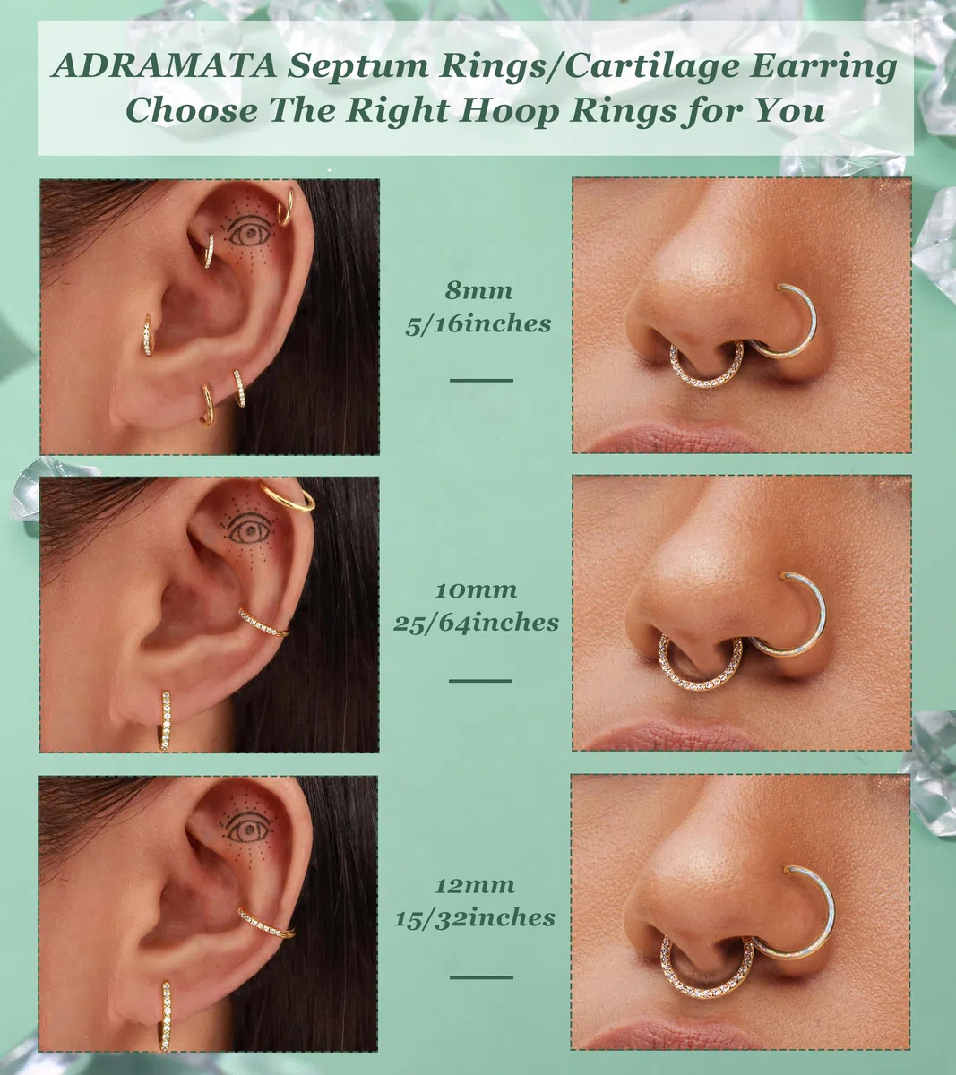 ADRAMATA 6 PCS 16G 18G Septum Piercing per Donna Uomo - Acciaio Chirurgico Naso Helix Daith Cartilagine Orecchini Labbra Anelli Nostril Set