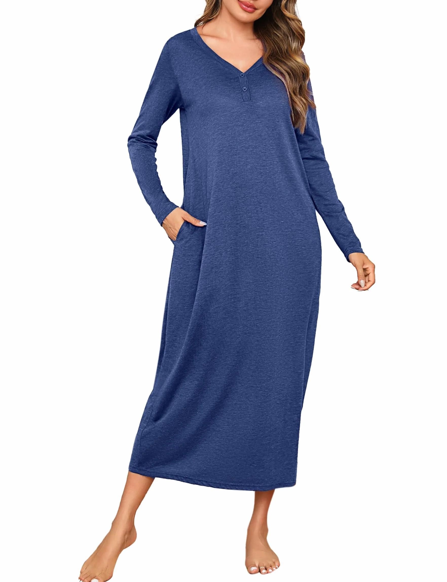 Camicia da Notte Donna Manica Lunga Camice da Notte Cotone Vestito da Notte Invernale con Tasche Pigiama Tinta Unita S-XXL