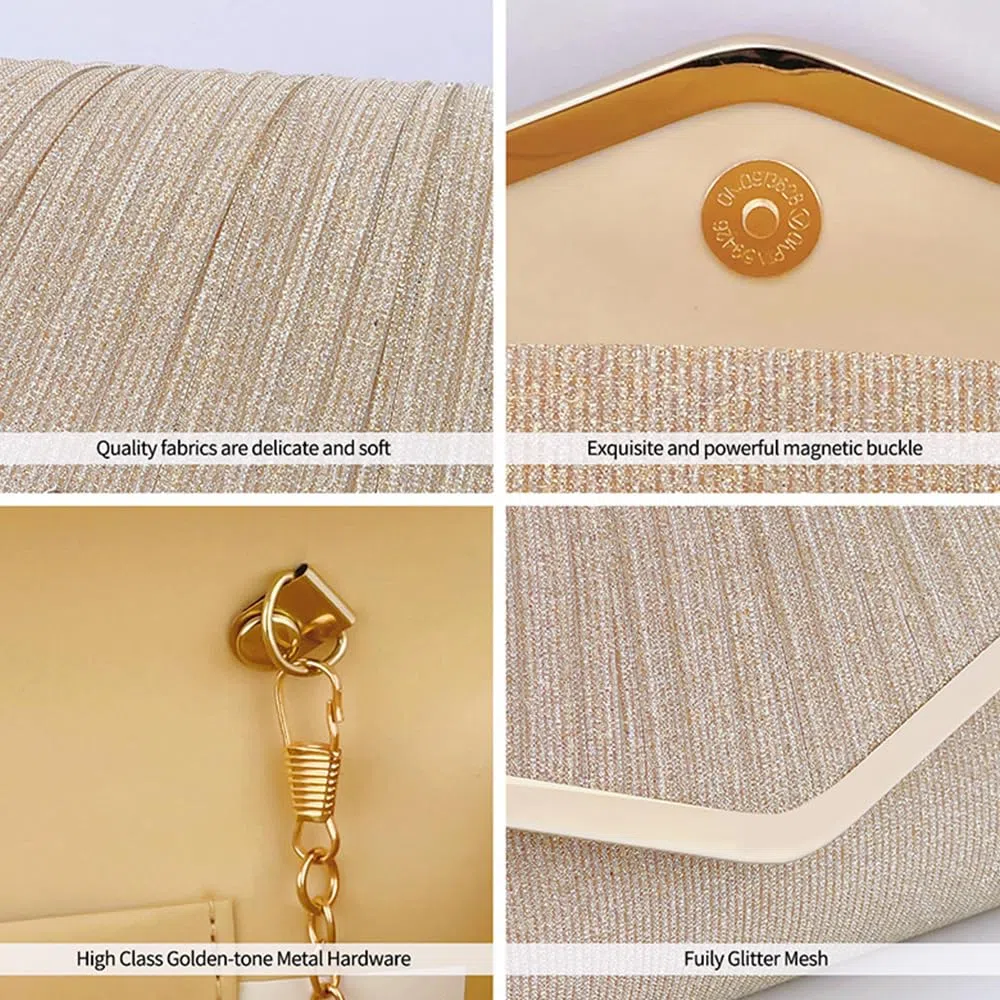 Pochette Donna Elegante Brillantinata Borsa da Sera Classica Moda Clutch con Catena Staccabile per Eventi Festa Matrimonio(Champagne)