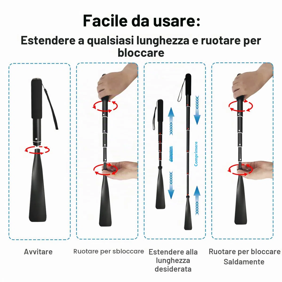 TriPro Calzascarpe Lungo Metallo - Telescopico 38-94 cm, Lega di Alluminio, Calzante Per Scarpe Lungo Per Anziani Uomini Donne Bambini