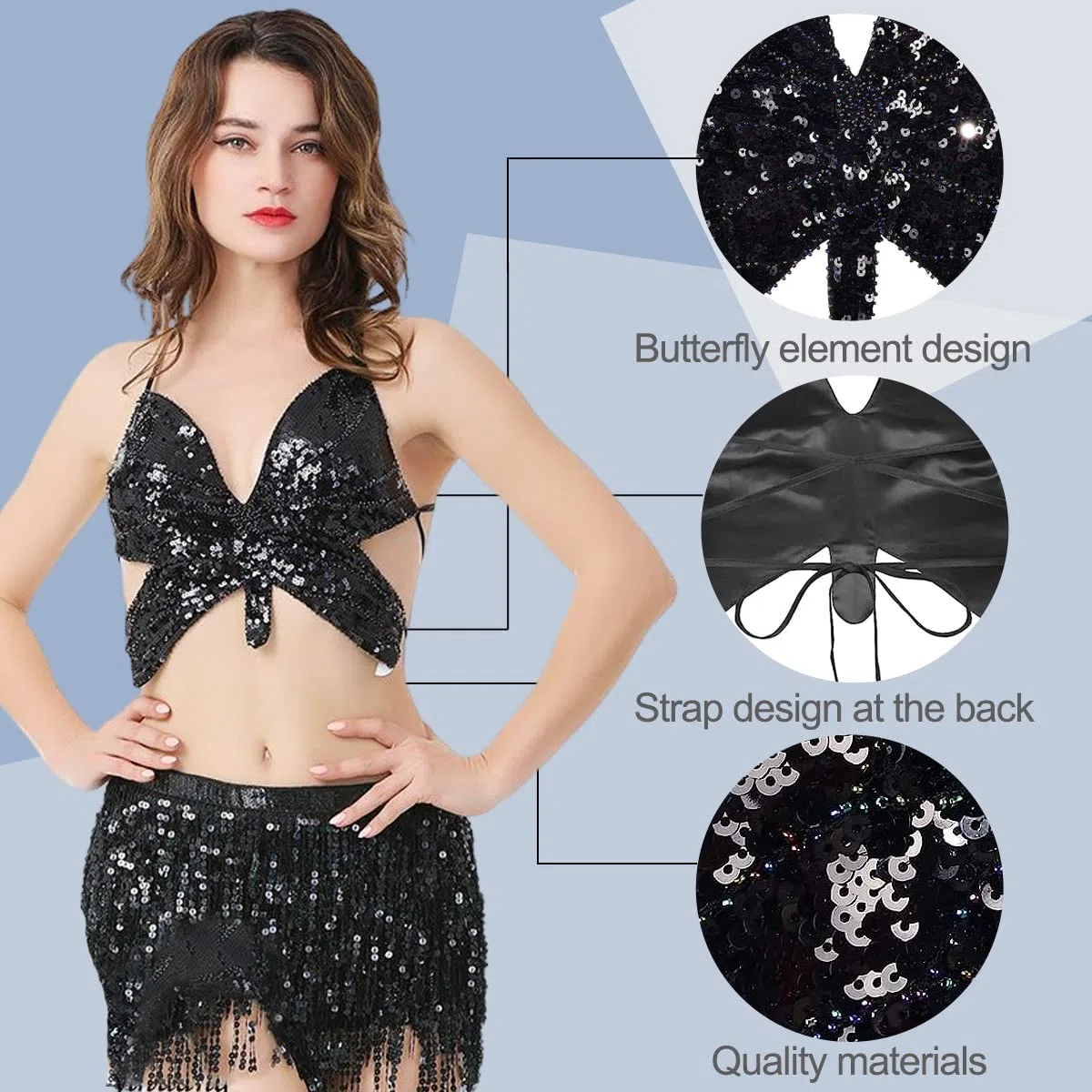 Top per le donne per le donne, canotta di bandage con sequenza di paillettes alla farfalla, costume da abbinamento senza marcia senza maniche per la danza della pancia, Dance latina, Club delle feste