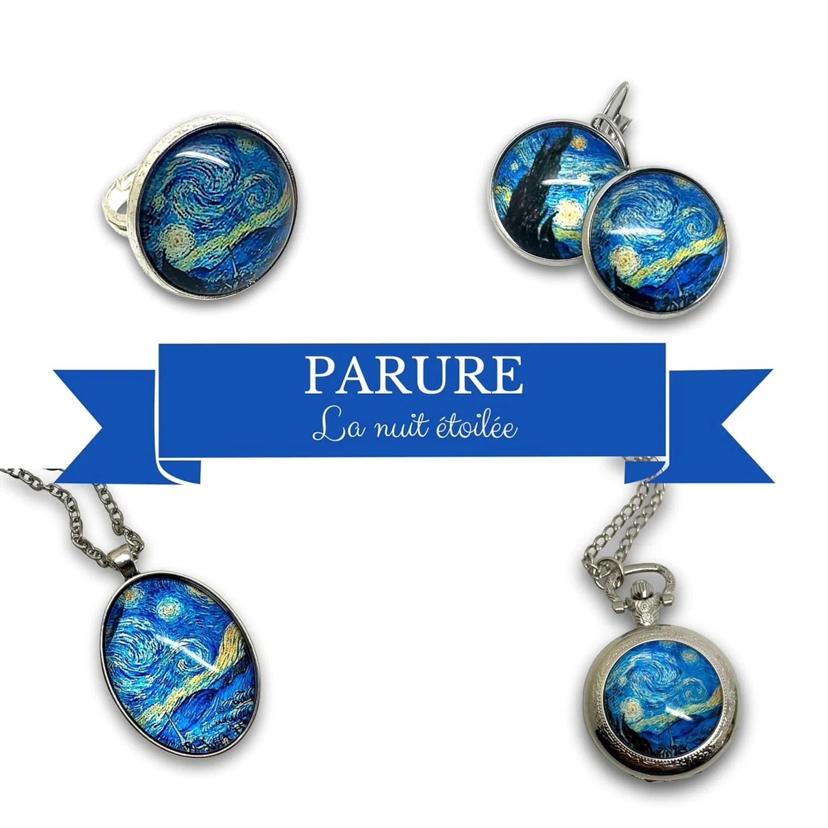 Collana con cabochon in vetro, collana illustrata in argento, set « Notte stellata », Van Gogh, pittura, pittore, blu, nero (ref.15a)