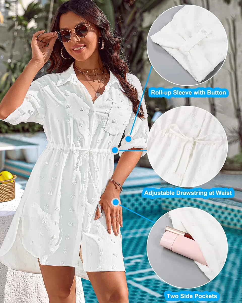 Rayson Copricostume Donna Mare Camicetta Scollo a V Elegante Cover Up Lungo Vestito Colletto in Piedi Bikini Cover Up Coprire Button Down Camicia Abito Spiaggia Coprire con Coulisse